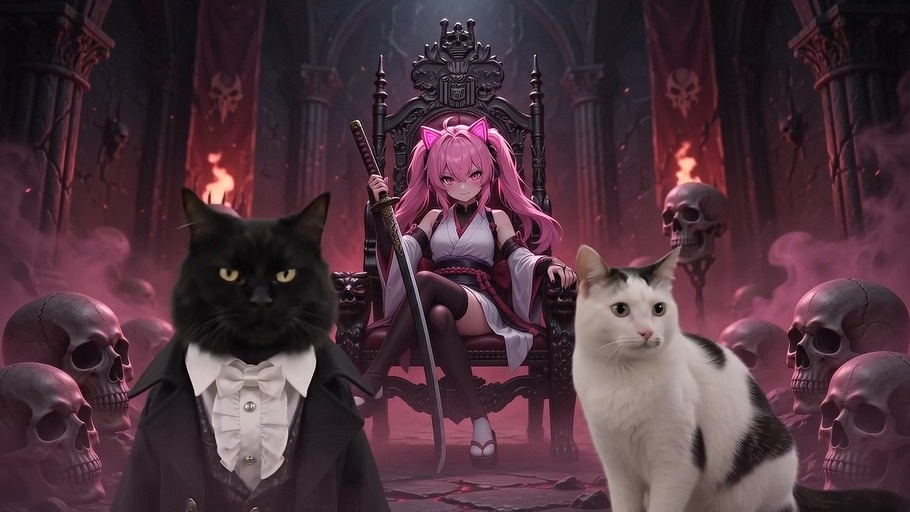 Pink-haired anime catgirl holding a katana on a throne surrounded by skulls, watching two cats in the foreground.