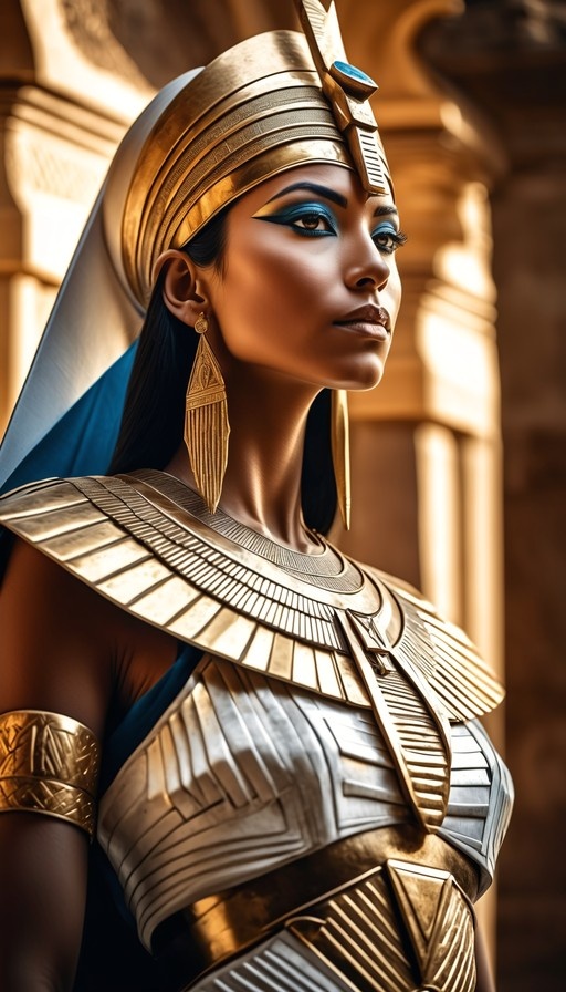 A dark-skinned woman with long black hair wearing a golden headdress and elaborate gold armor with blue eye makeup.
