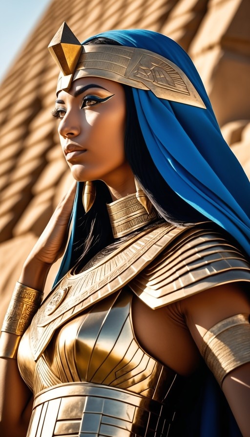 A dark-skinned woman in profile wearing golden Egyptian armor and a blue headscarf with a pyramid ornament, standing before a blurred pyramid structure.