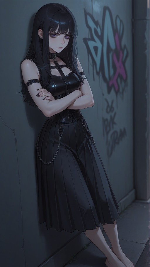 A full-body digital illustration of a barefoot anime girl with long black hair and purple eyes, wearing a goth outfit with a pleated skirt and harness, standing with crossed arms against a graffiti wall.