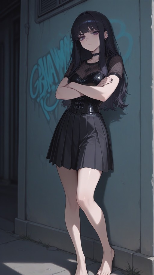 A full-body illustration of a barefoot anime girl with long black hair and purple eyes, wearing a black goth outfit including a pleated skirt and corset, standing with crossed arms against a wall with blue graffiti.