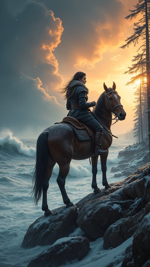 A fantasy rider in dark armor with fur trim sits atop a brown horse on snowy rocks by the sea during a dramatic sunset.