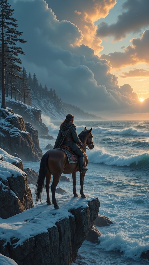 A person riding a brown horse stands on a snowy cliff edge looking out at the ocean during a dramatic sunset with large clouds.
