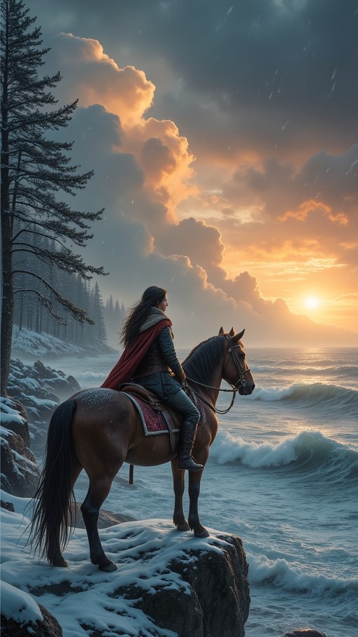 A fantasy illustration of a rider in armor and a red cape on a brown horse standing on a snowy cliff overlooking a rough ocean at sunset.