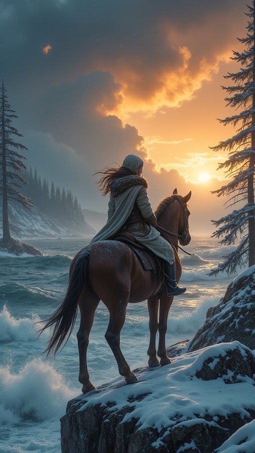 A cloaked figure rides a brown horse along a snowy cliff edge overlooking crashing waves and a sunset.