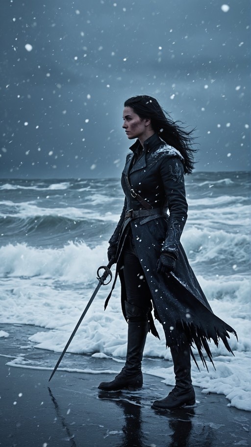 A dark-haired woman in a black coat stands on a snowy beach holding a sword.