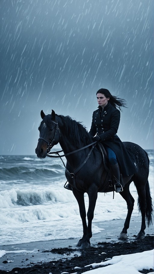 A woman with long dark hair wearing a black coat rides a black horse along a snowy shoreline while heavy snow falls near the ocean.