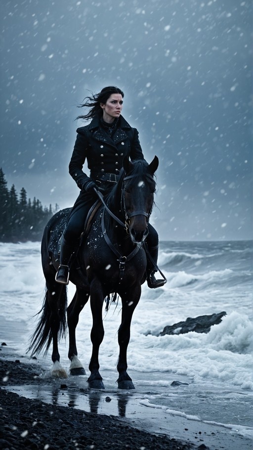 A woman in a black coat rides a black horse along a snowy beach with crashing waves in the background.