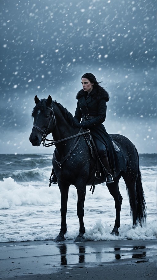 A young man with long hair rides a black horse on a snowy beach with crashing waves in the background.