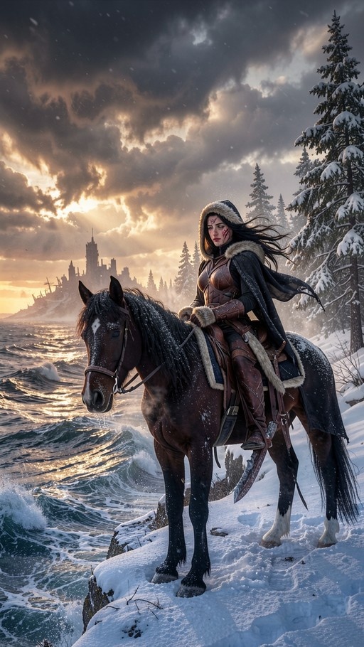 A female warrior in armor rides a brown horse on a snowy cliff overlooking the ocean with a castle in the background.