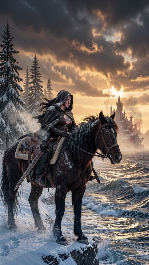 A hooded female warrior in armor rides a dark horse along a snowy shoreline, with a large castle visible in the distance against a dramatic sky.
