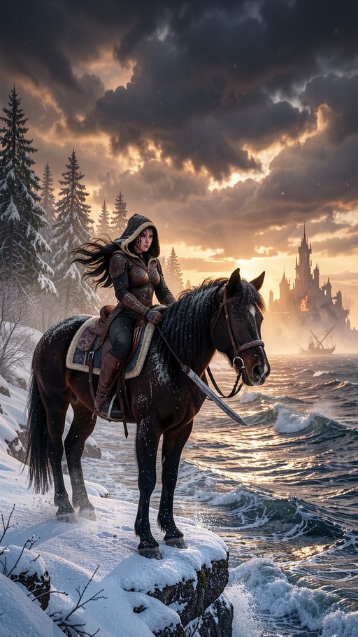 A hooded female warrior in armor rides a dark horse on a snow-covered cliff overlooking a stormy sea and a distant castle under a dramatic sky.