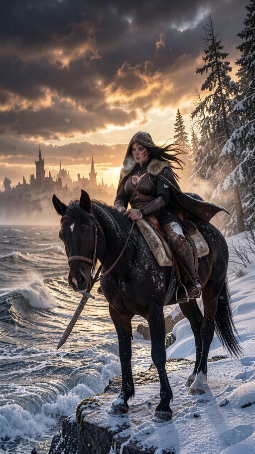 A woman in a fur-lined hood and armor rides a black horse on a snow-covered cliff next to the ocean, with a castle visible in the distance under a cloudy sunset.