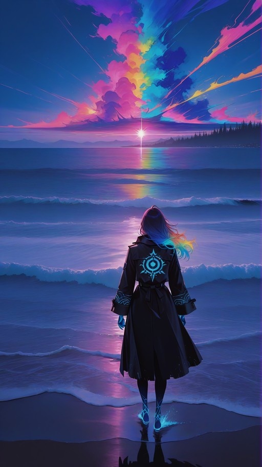 A digital illustration of a character with long gradient hair and a black coat standing on a beach, facing a colorful sunset over the ocean. The coat has a glowing blue symbol on the back, and the character's boots glow as they stand in the shallow water.