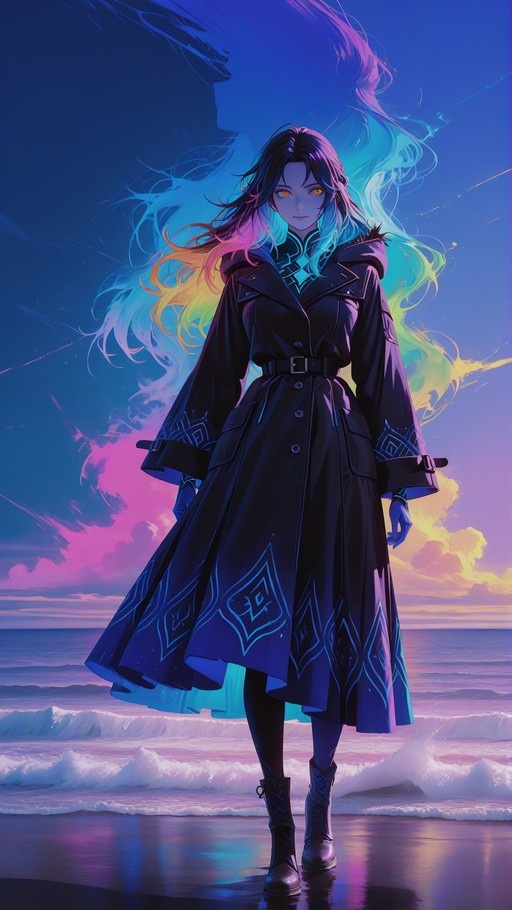 An anime-style girl with long multicolored hair and glowing orange eyes stands on a beach at sunset, wearing a black trench coat with blue geometric patterns.