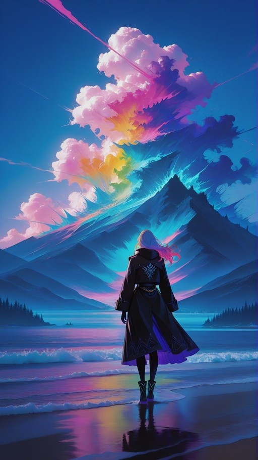 Robin from Fire Emblem stands on a beach facing a mountain with colorful clouds