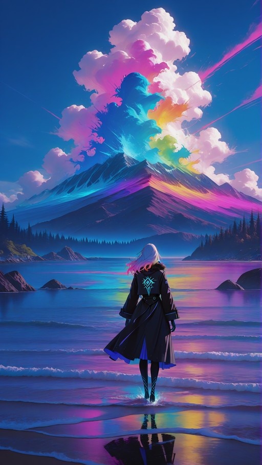 A white-haired figure in a dark coat stands on a beach looking at a mountain exploding with colorful clouds.