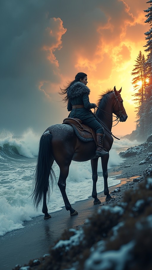 A person with long black hair wearing a dark coat with fur trim rides a brown horse along a snowy shoreline as waves crash and the sun sets behind trees.