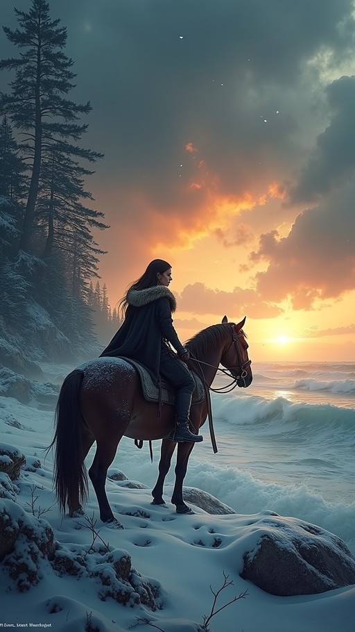 A rider with long dark hair and a fur-trimmed cloak sits on a brown horse on a snowy cliff overlooking the ocean at sunset.