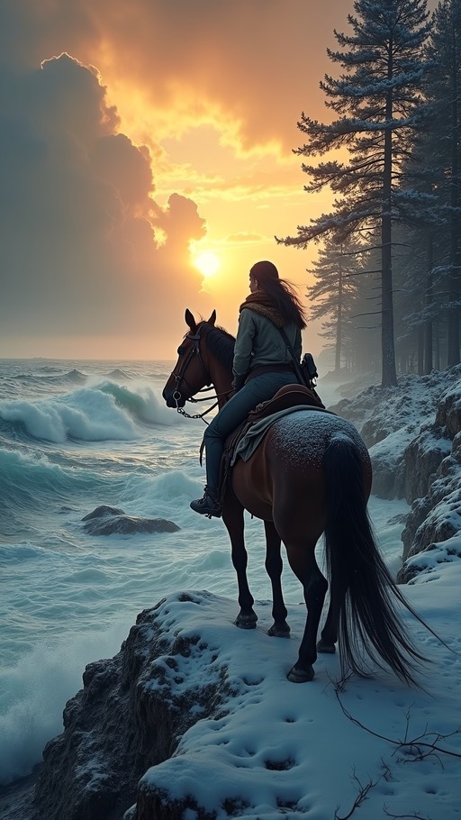 A digital illustration of a rider on a brown horse standing on a snow-covered cliff edge, looking out at a golden sunset over a crashing ocean with pine trees nearby.