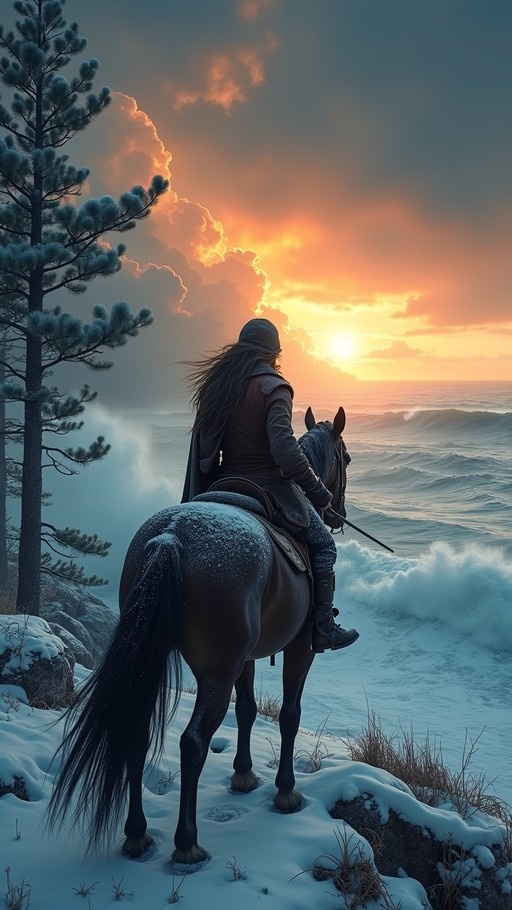 A long-haired rider on a dark horse stands on a snow-covered cliff overlooking the ocean during a vibrant sunset.