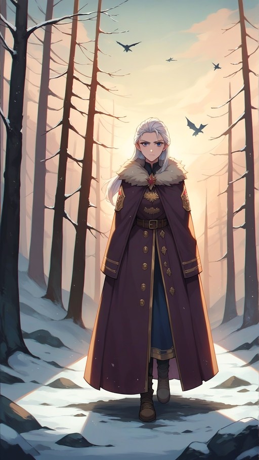 A white-haired woman with blue eyes stands in a snowy forest wearing a long purple military coat with a fur collar and gold trim. Birds fly in the sky above her as sunlight filters through the bare trees.
