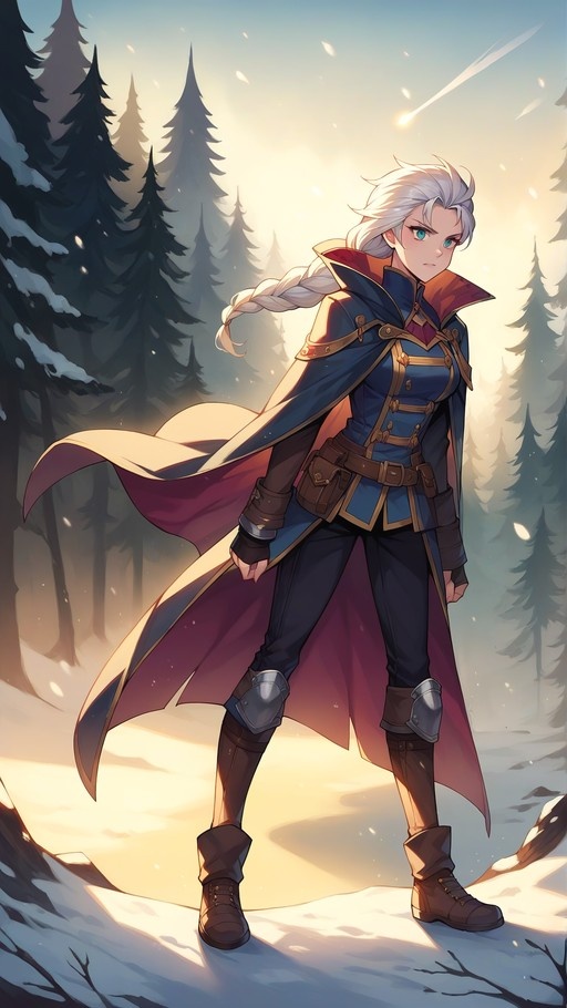 A full-body digital illustration of a determined female fantasy warrior with white hair in a side braid, standing in a snowy forest wearing a blue tunic and a red-lined cape.