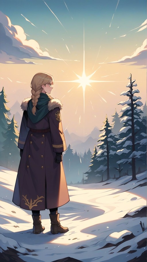 A full-body illustration of a blonde anime girl with a long braid, wearing a purple fur-trimmed coat and brown boots, standing on a snowy path surrounded by pine trees under a bright sky.