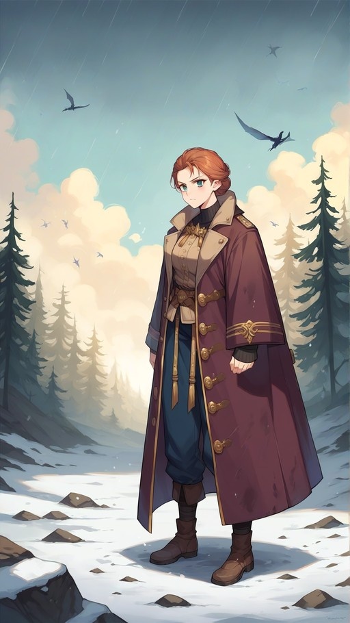 Anime style illustration of a young woman in a long purple coat standing in snow with flying dragons in the background.