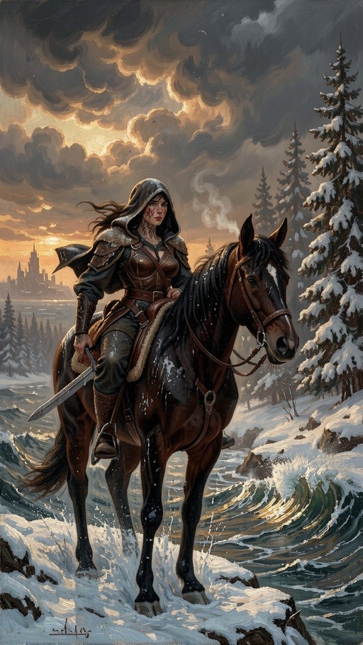 A hooded female warrior in armor rides a brown horse through snow near crashing waves with a city skyline in the distance.