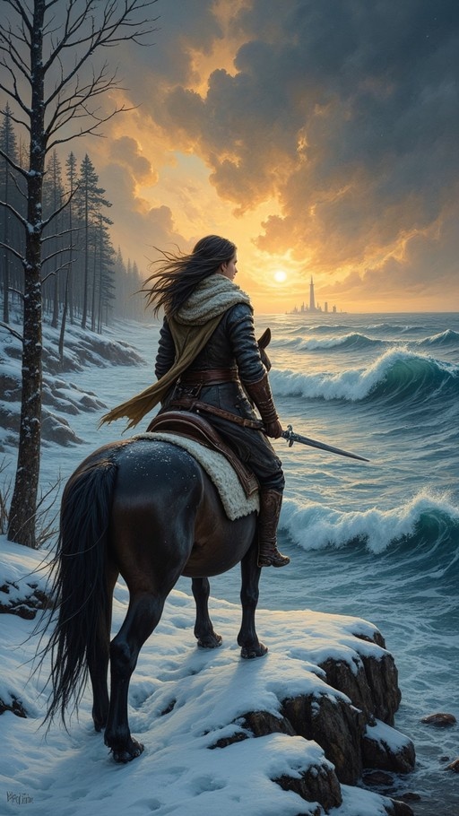 A lone warrior with long hair rides a dark horse along a snow-covered cliff edge, holding a sword and looking toward a distant city across the ocean at sunset.