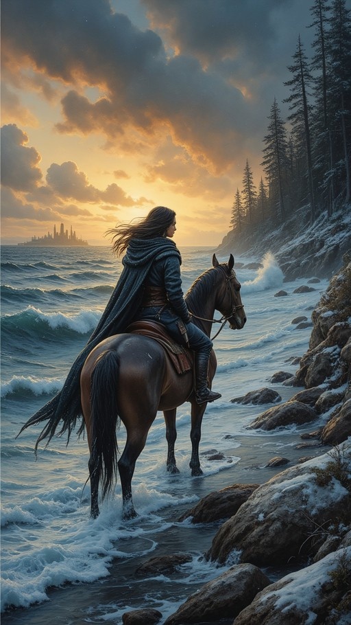 A fantasy digital illustration of a rider in a cloak on a brown horse by a snowy shore, looking at a distant city under a sunset.