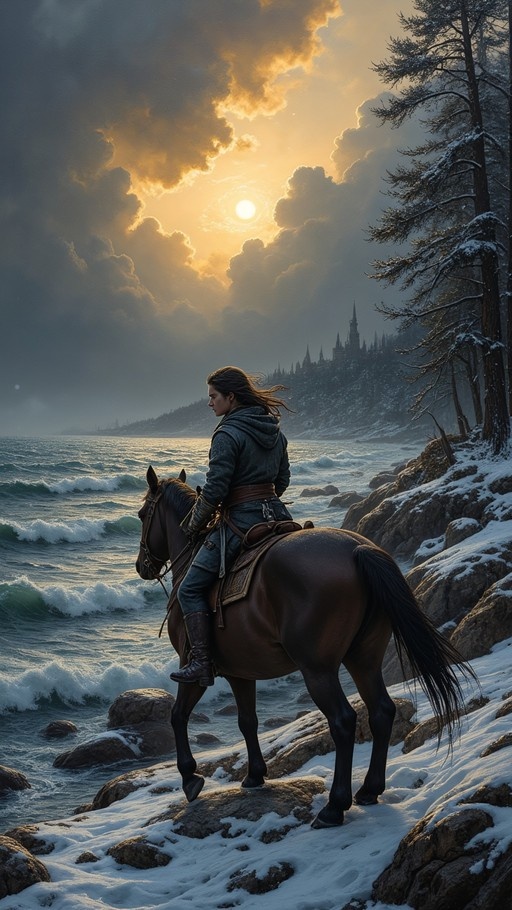 A hooded figure rides a brown horse along a snowy rocky coast towards a distant castle under a dramatic sunset.