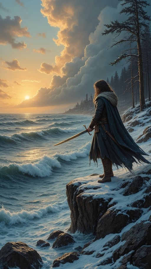 A hooded warrior stands on a snowy cliff holding a sword, looking out over crashing waves toward a distant coastal castle under a golden sunset sky.