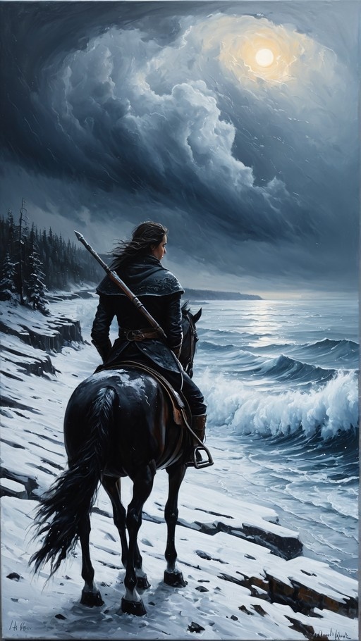 A lone rider on a black horse stands on a snowy cliff overlooking a turbulent sea under a cloudy sky with a bright light.