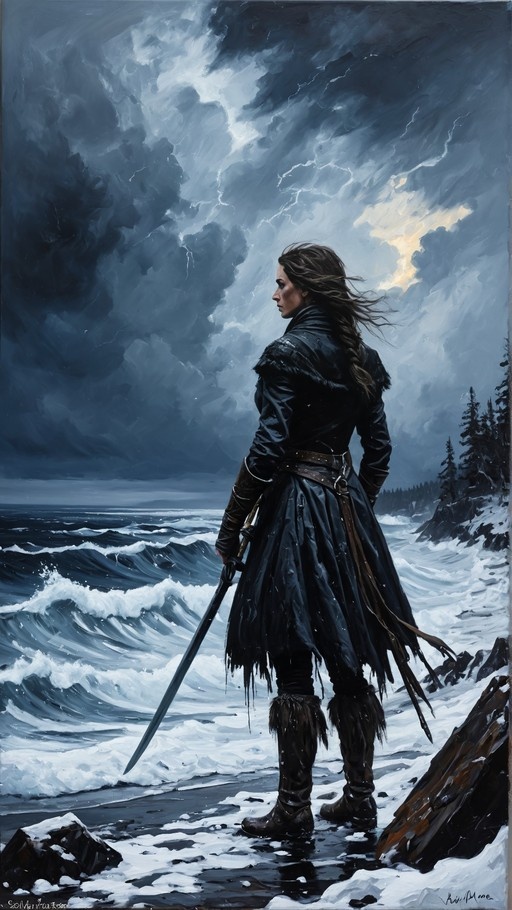 A lone warrior with long hair stands on a snowy shore holding a sword, looking out at a stormy ocean under a dark sky with lightning.