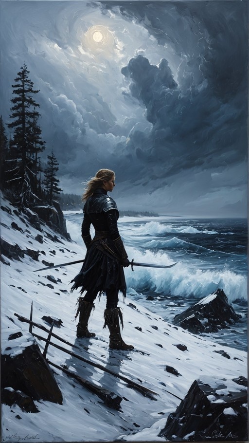 A blonde warrior in dark armor stands on a snowy cliff holding a sword, looking out at a turbulent ocean under a cloudy night sky with a bright moon.