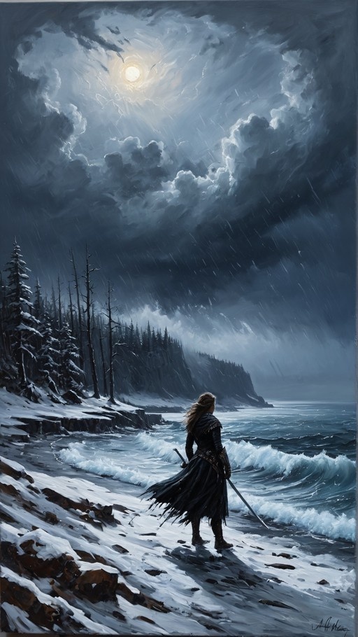 A lone swordsman with long hair stands on a snowy shore holding a sword, facing a stormy ocean under a bright full moon.