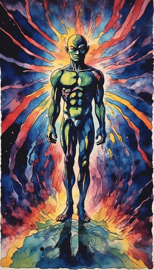A full-body watercolor painting of a bald, green-skinned muscular man with pointed ears standing against a colorful abstract background.