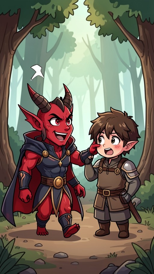 A chibi-style red-skinned demon with large horns and armor playfully pinches the cheek of a blushing young elf on a sunlit forest path.
