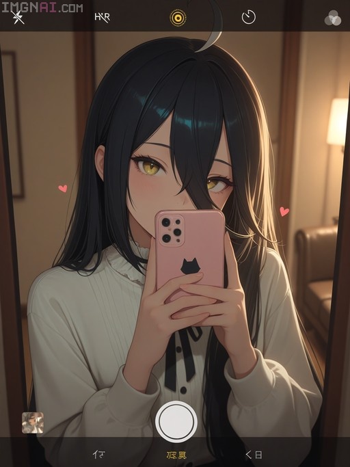 Anime girl with long black hair and yellow eyes taking a mirror selfie with a pink phone, wearing a white shirt and black ribbon.