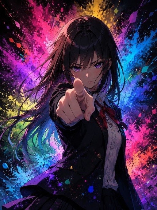 An anime-style illustration of a girl with long dark hair and purple eyes wearing a school uniform and pointing directly at the viewer against a background of colorful paint splatters.