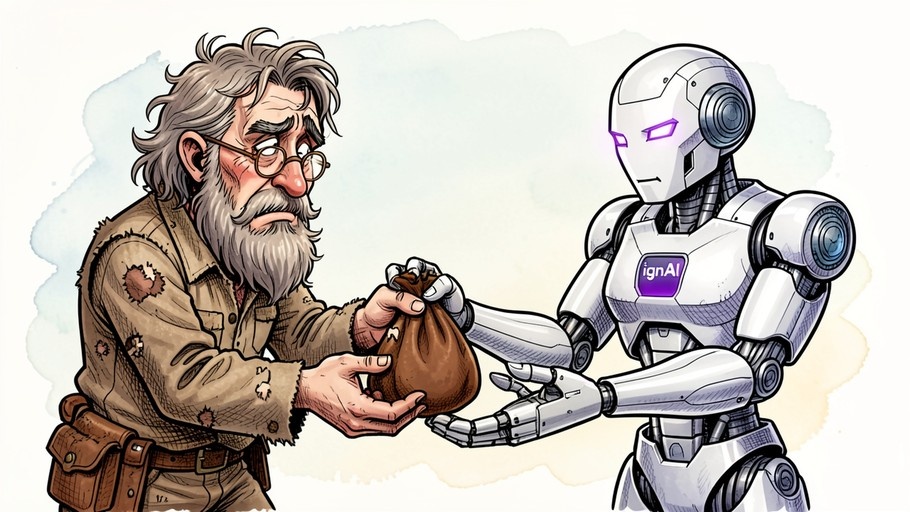 An elderly bearded man in tattered clothes hands a brown bag to a white robot with purple eyes and an ignAI logo.