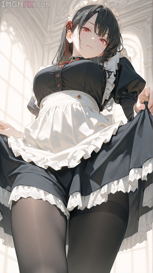 A digital illustration of an anime maid with long black hair and red eyes, wearing a black dress, white apron, and black pantyhose. She looks down at the viewer from a low angle while lifting her skirt in a bright room.