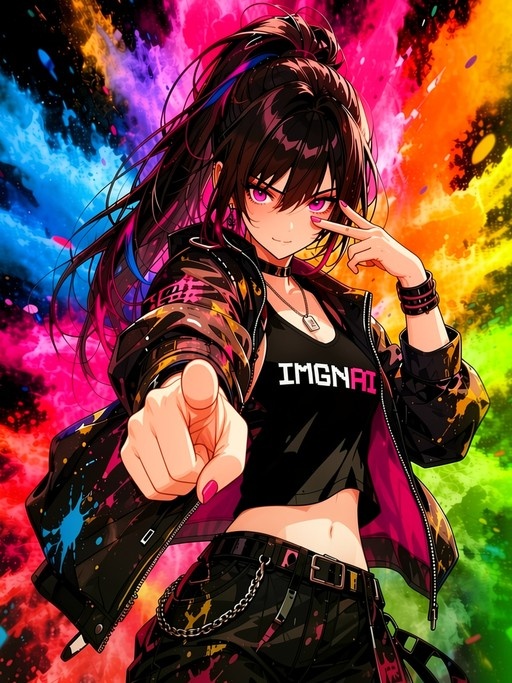 Anime girl with pink eyes and a ponytail pointing at the viewer against a colorful paint-splattered background.