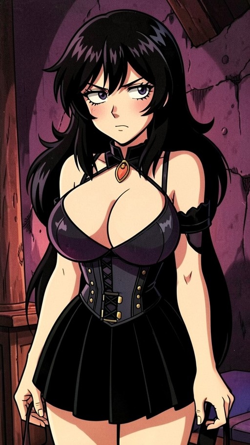A digital illustration of an anime girl with long black hair and purple eyes wearing a black corset and pleated skirt, looking annoyed.