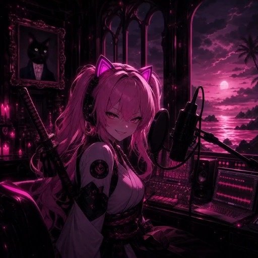 An anime girl with pink pigtails and cat-ear headphones sits at a desk with audio equipment and a katana on her back, singing into a microphone while looking out a window at a purple sunset over the ocean.