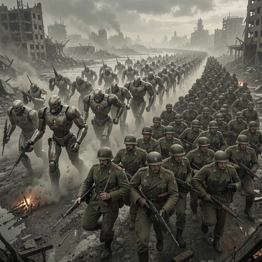 Human soldiers in green uniforms and helmets march alongside metallic humanoid robots with glowing red eyes through a destroyed city filled with smoke and rubble.