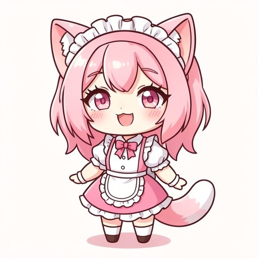 A full-body digital illustration of a cheerful chibi cat-girl maid with pink hair and a fluffy tail, wearing a pink dress and white apron while smiling at the viewer.