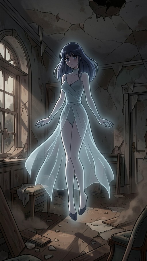 A full-body illustration of a translucent anime girl with long blue hair and blue eyes, wearing a white leotard-style dress, floating in a dilapidated room with crumbling walls and debris.